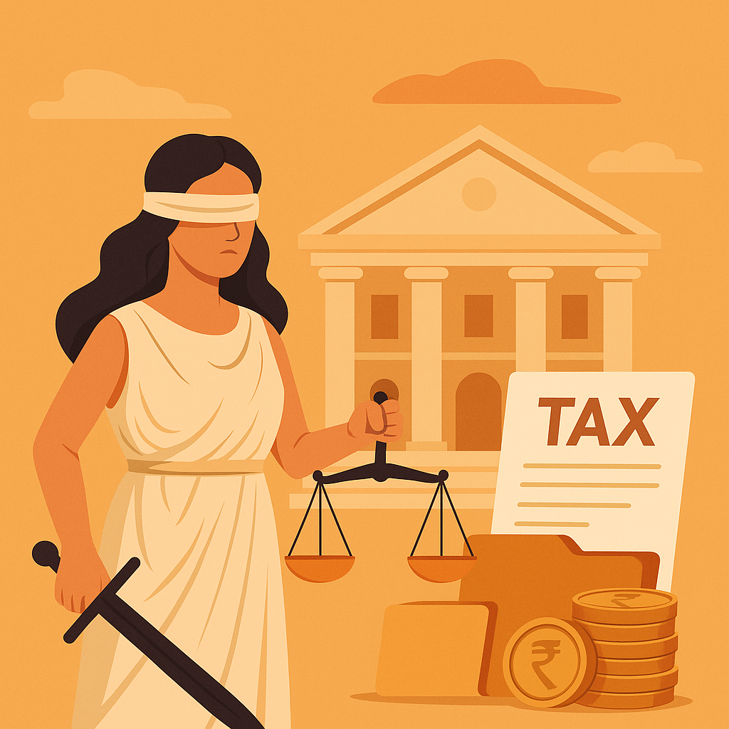 Illustration showing court, Lady Justice, and tax-related documents highlighting GST recovery dispute