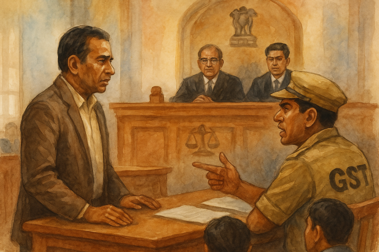Courtroom illustration of GST officer and businessman disputing cancellation before Patna High Court judges
