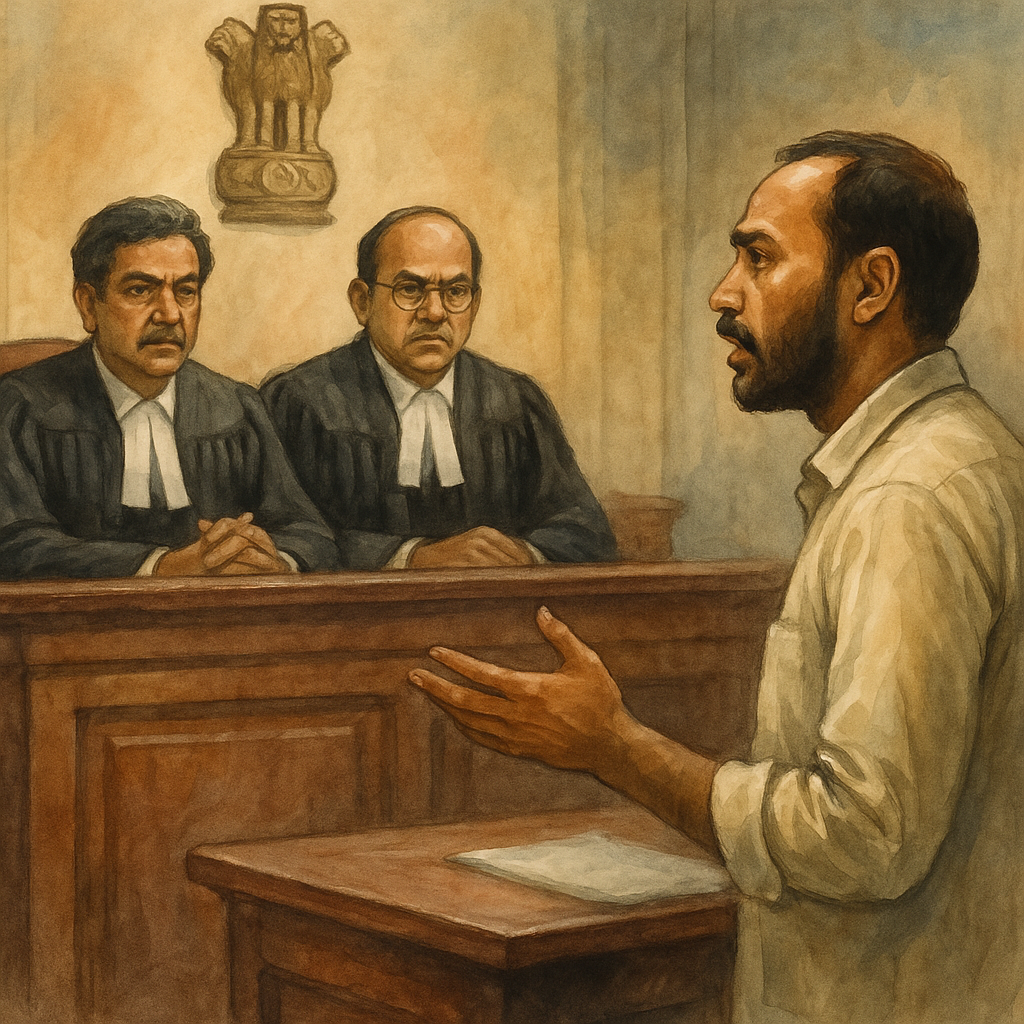 Courtroom illustration showing contractor arguing GST case before Patna High Court judges