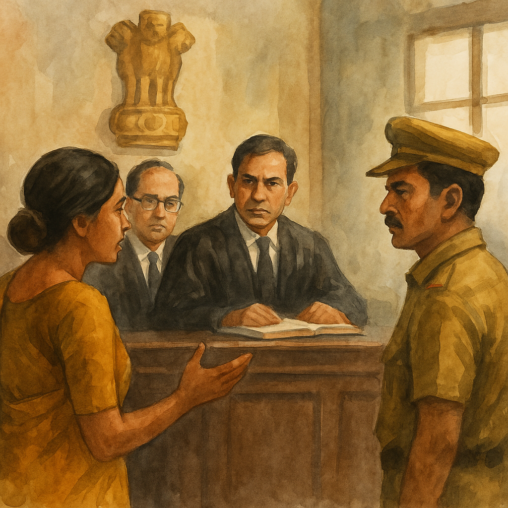 Watercolor courtroom scene of service tax case delayed by CGST officials, decided by Patna High Court