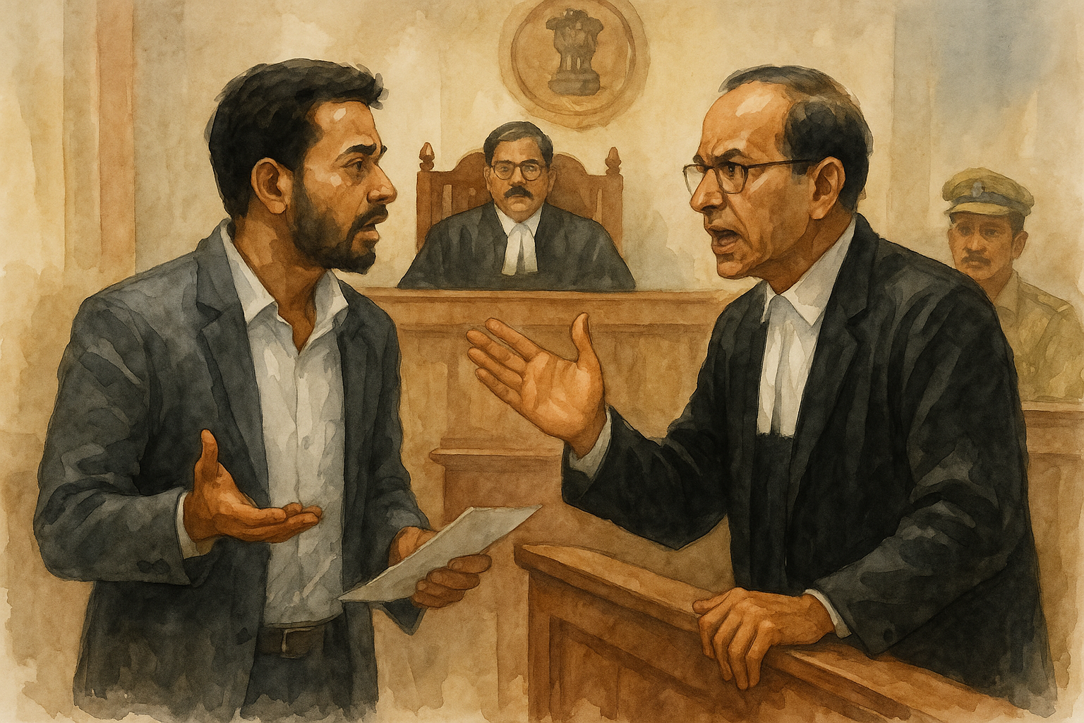 Courtroom illustration showing dispute over delayed tax adjudication in Patna High Court