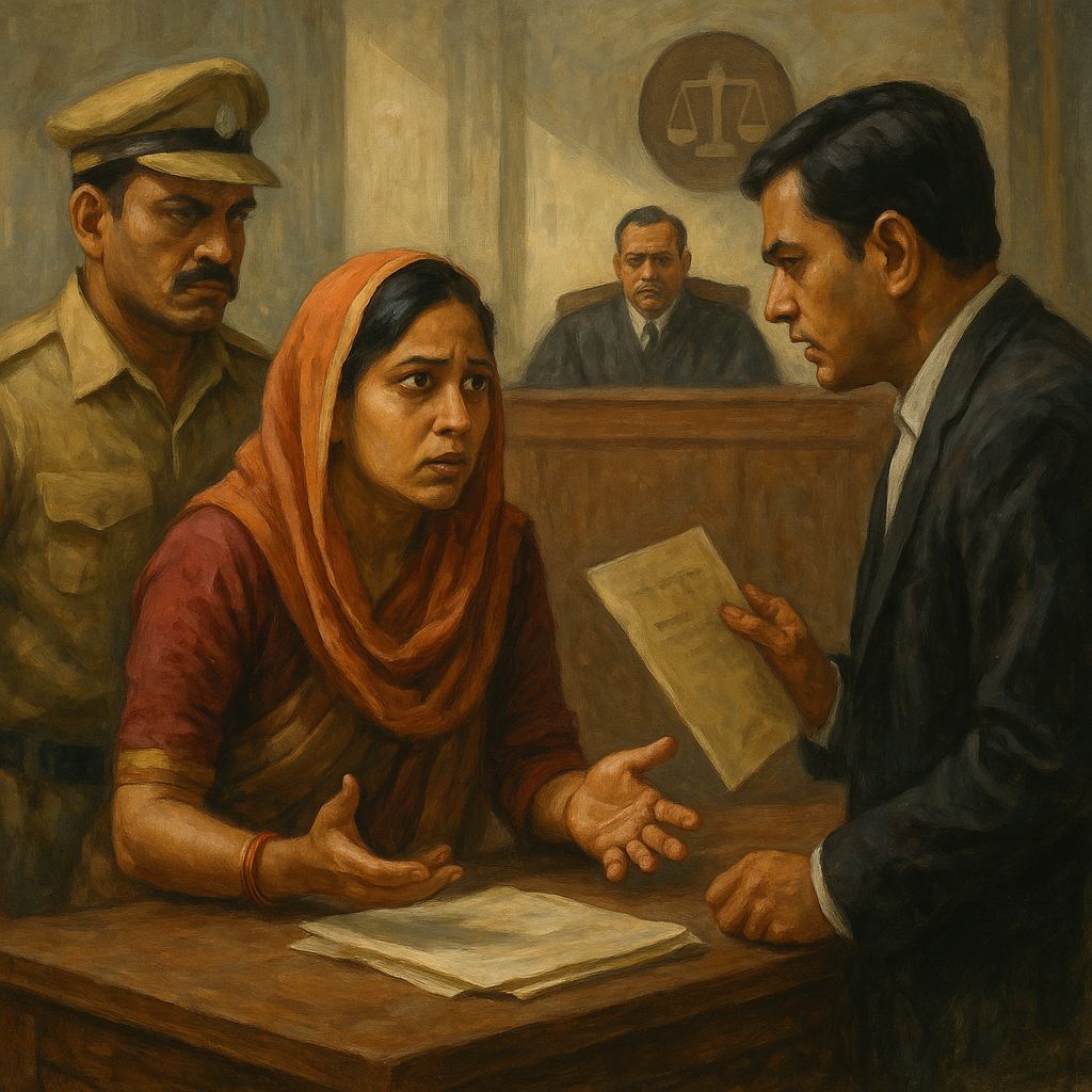 Courtroom illustration showing a GST inspection dispute involving record tampering and lack of independent witnesses