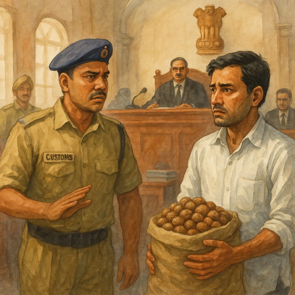 Courtroom illustration showing customs officer confronting a trader over areca nut seizure during Patna High Court hearing