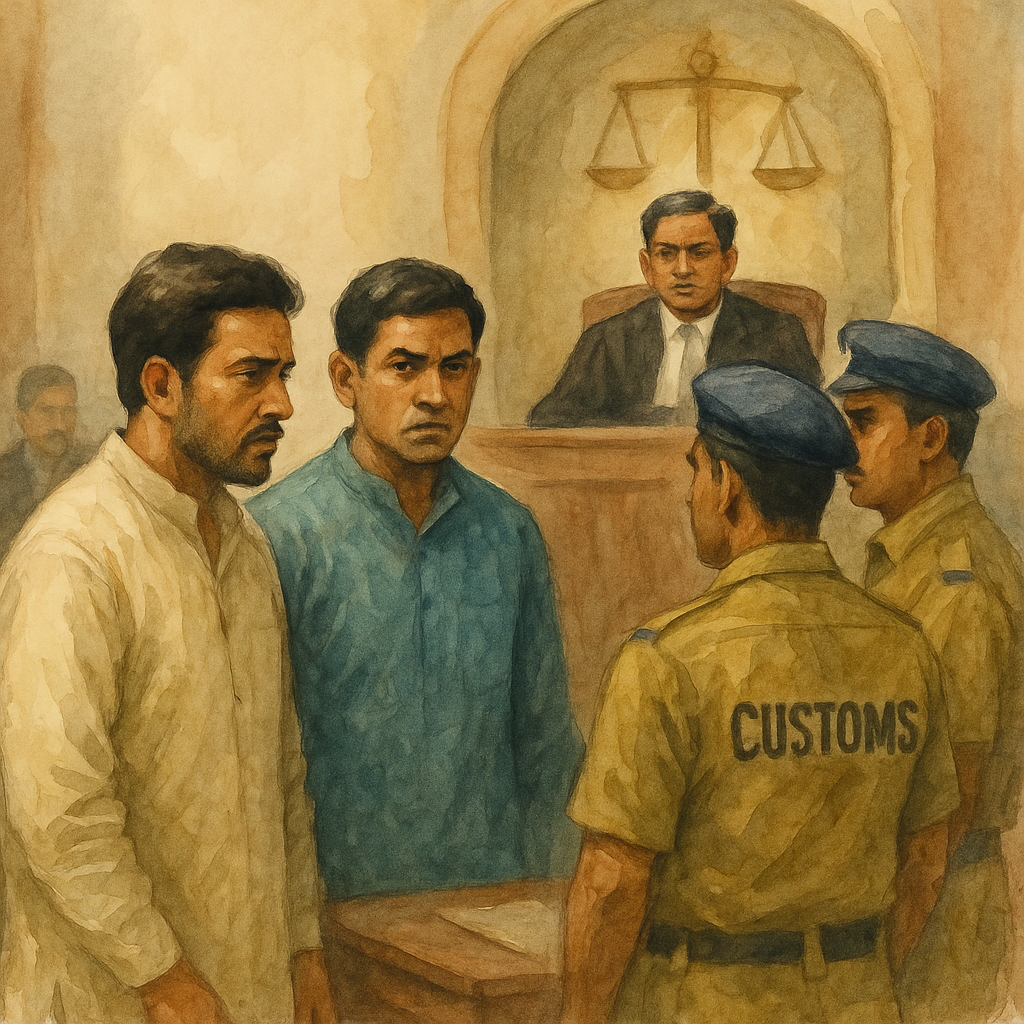 Watercolor illustration of a Patna High Court case involving traders and customs officials over areca nut seizure
