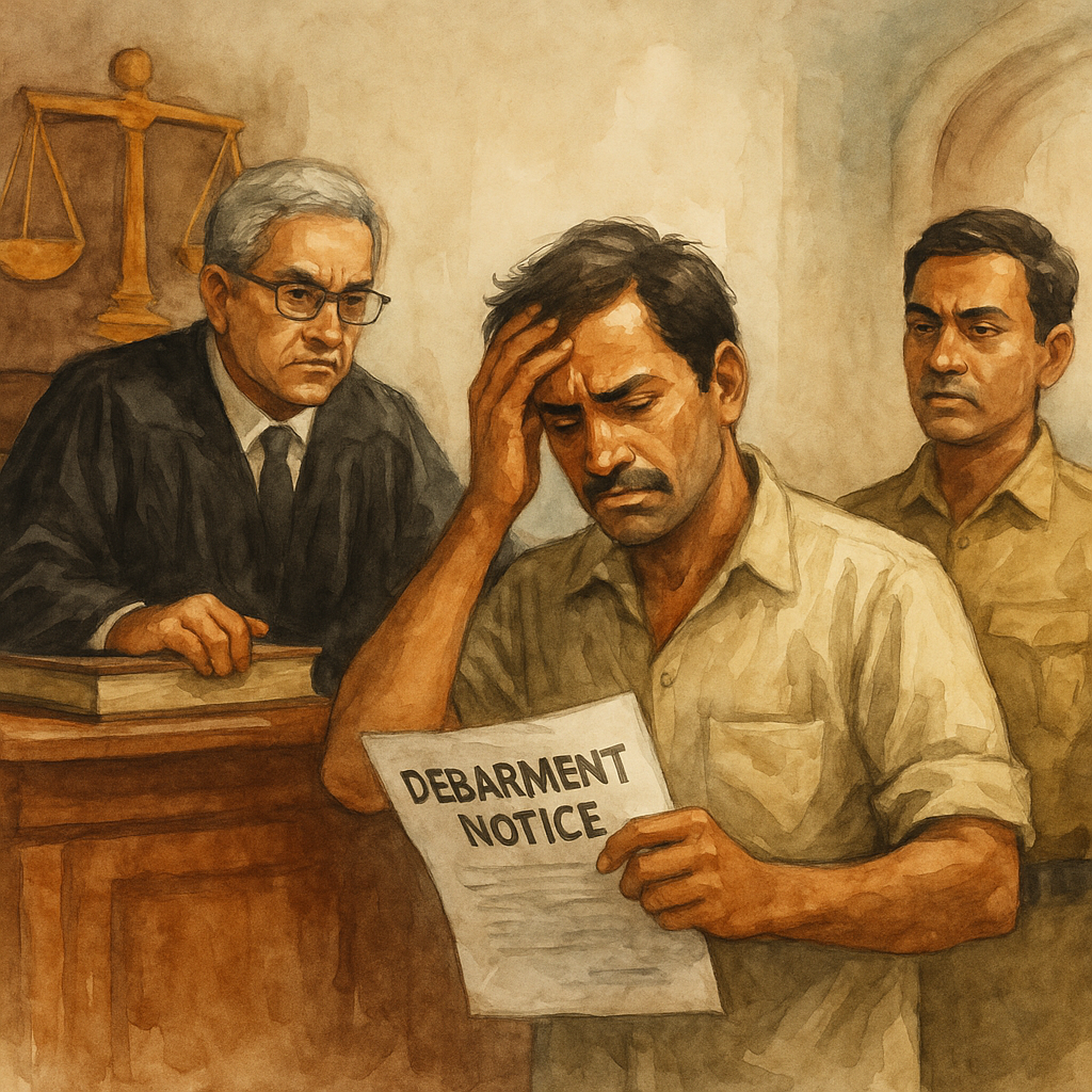 Courtroom illustration showing judicial decision on CBSE school affiliation cancellation over natural justice issues