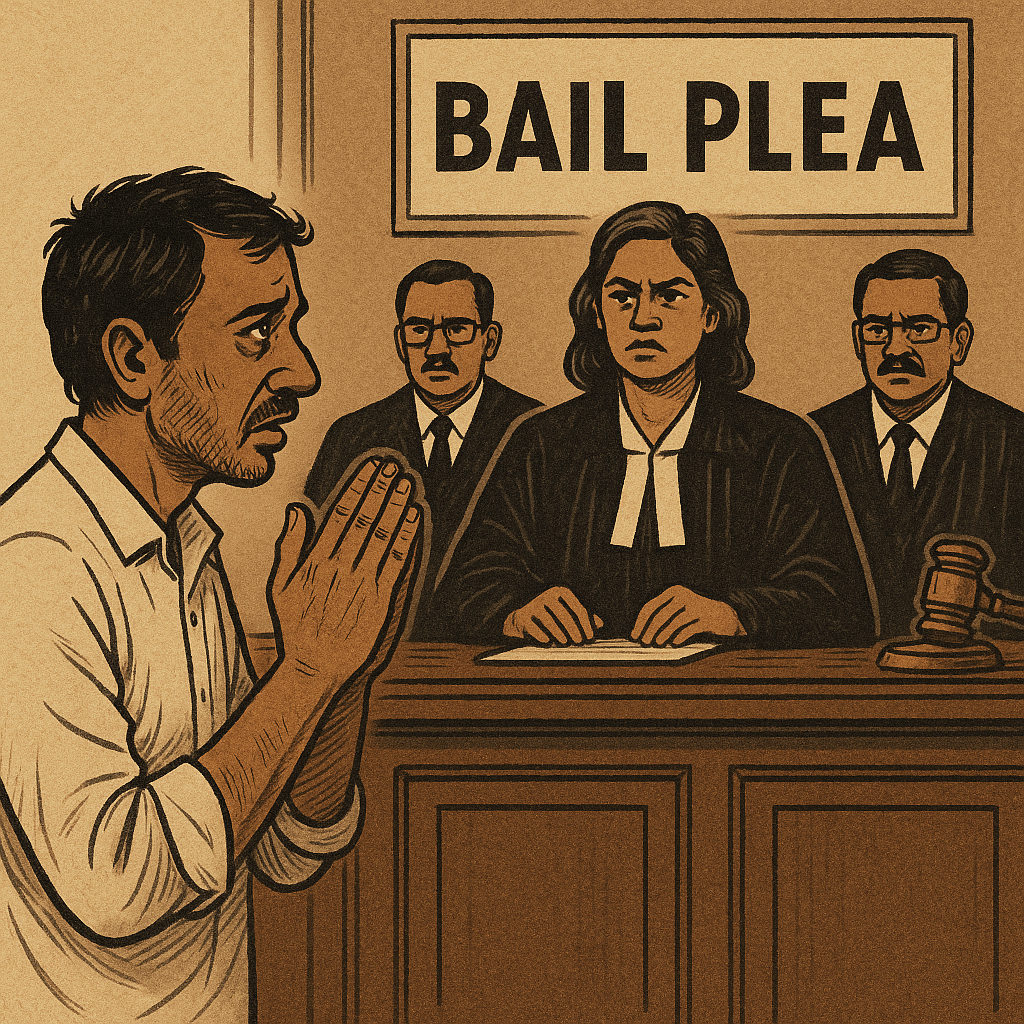 Courtroom illustration showing bail plea hearing in a dowry death conviction case before Patna High Court