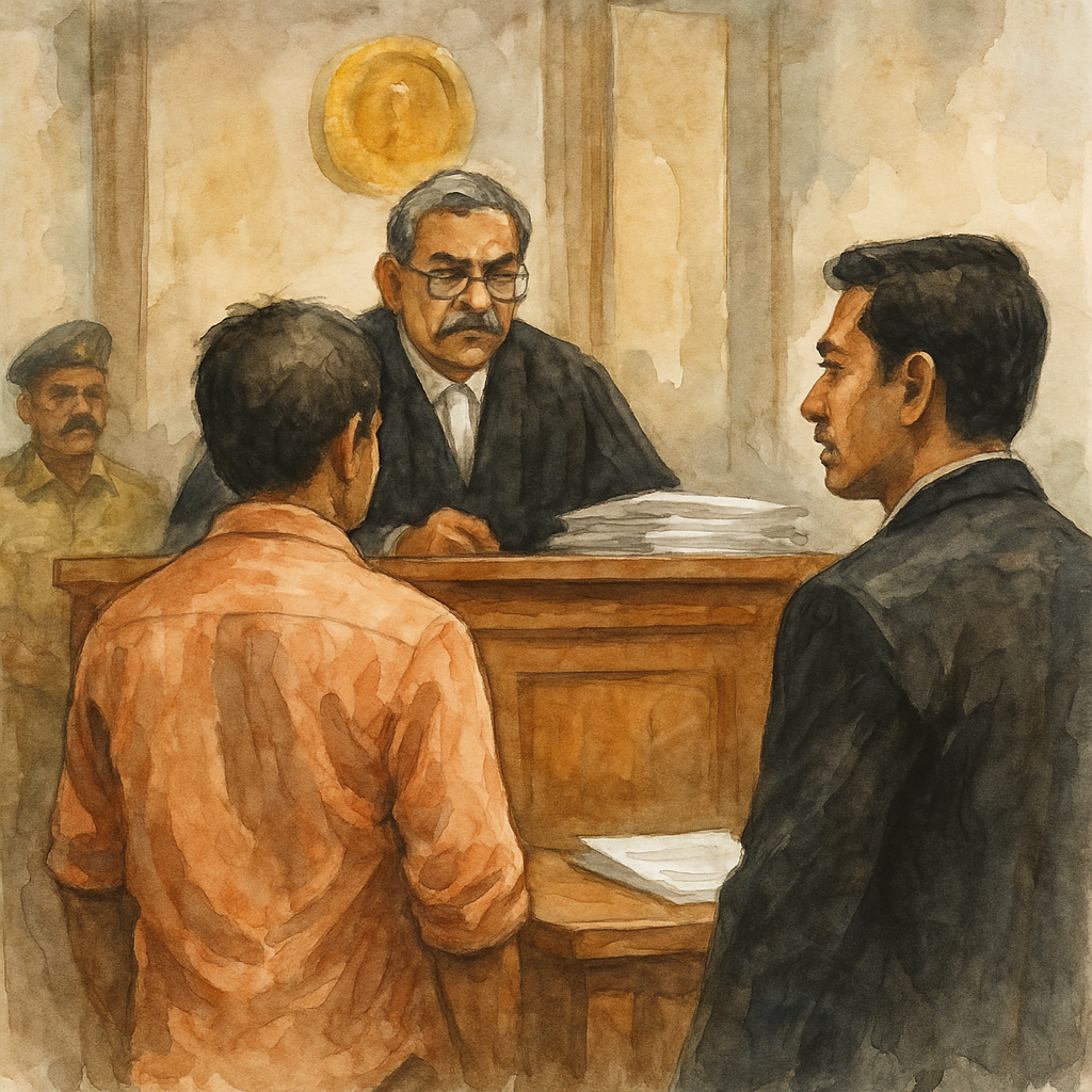 Watercolor courtroom scene depicting Patna High Court hearing on contractor suspension due to forged documents