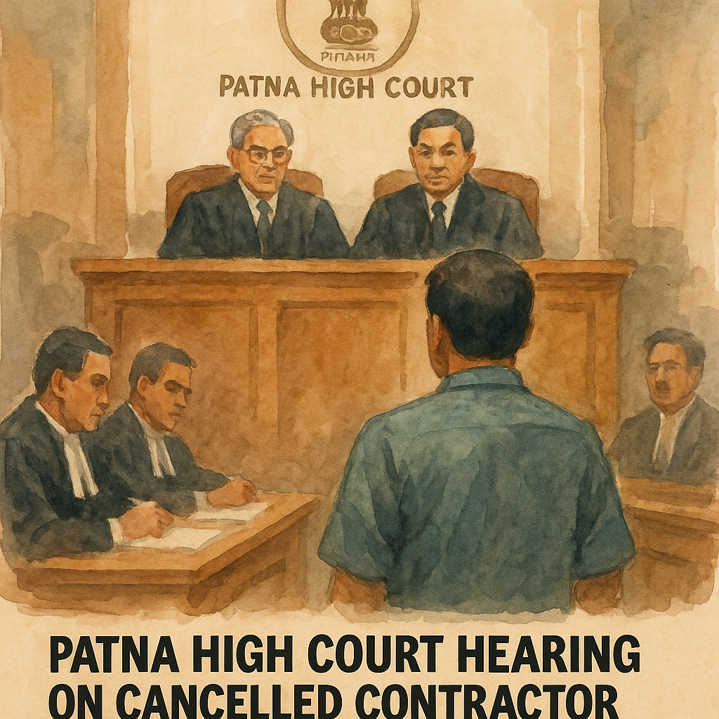 Watercolor painting of Patna High Court hearing on contractor blacklisting order under rural works department
