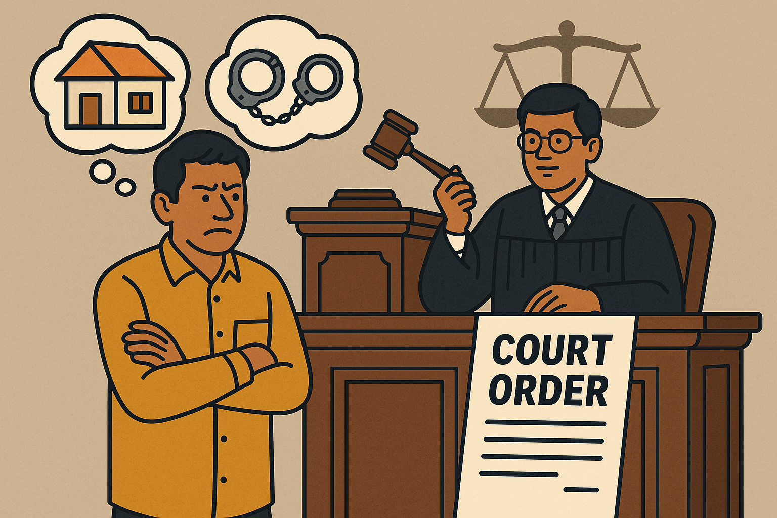 Illustration of Indian court scene showing judge quashing criminal case arising from a family property dispute