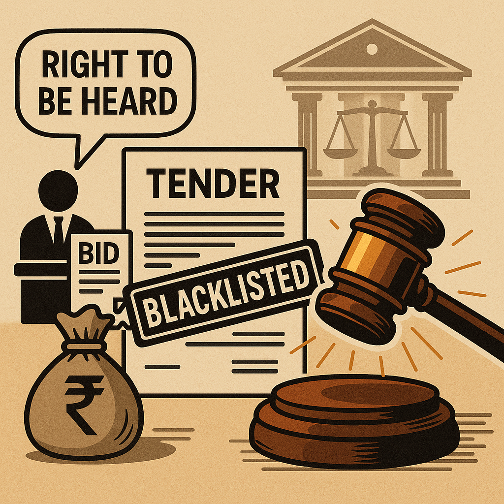 Illustration of legal gavel and tender document with blacklist stamp, symbolizing denial of hearing in public contract decision