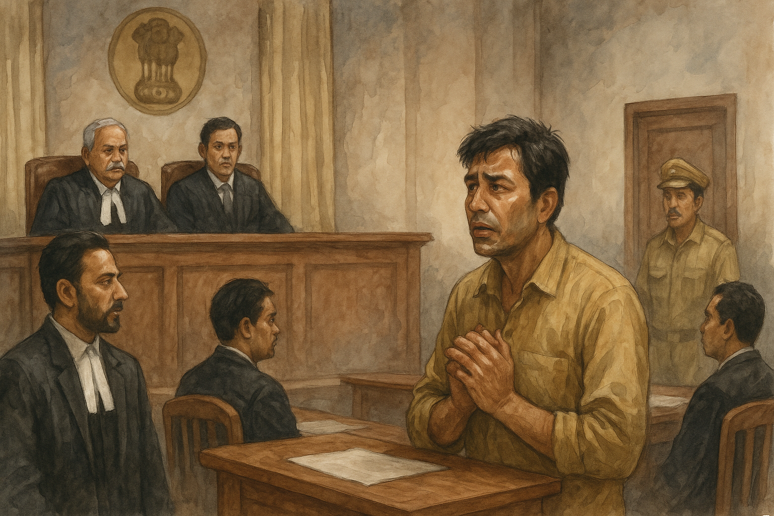 Watercolor courtroom scene depicting VAT audit objection dispute in Patna High Court