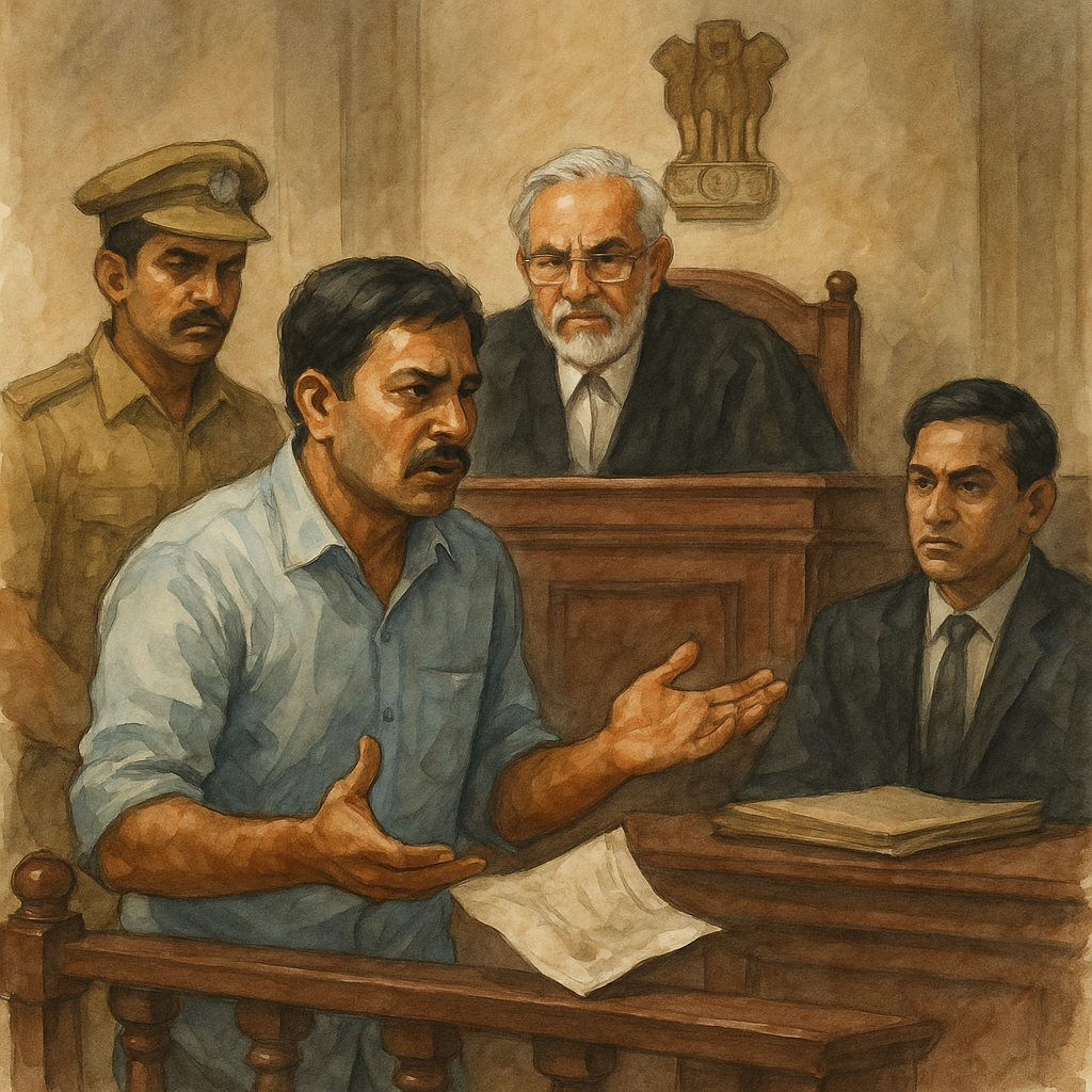 Courtroom illustration showing bus permit dispute and blacklisting case in Patna High Court