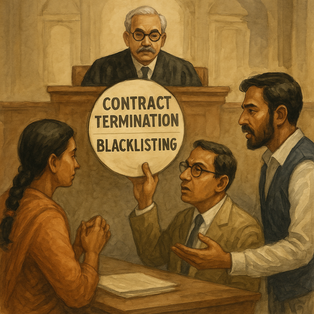 Watercolor-style illustration of Indian courtroom showing contract termination dispute and judicial review by Patna High Court