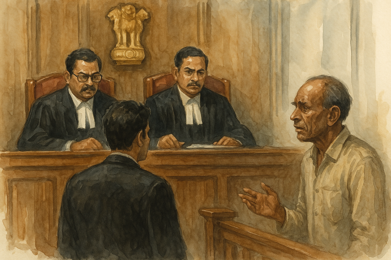 Watercolor illustration of Indian courtroom hearing a tender bid dispute before Patna High Court judges