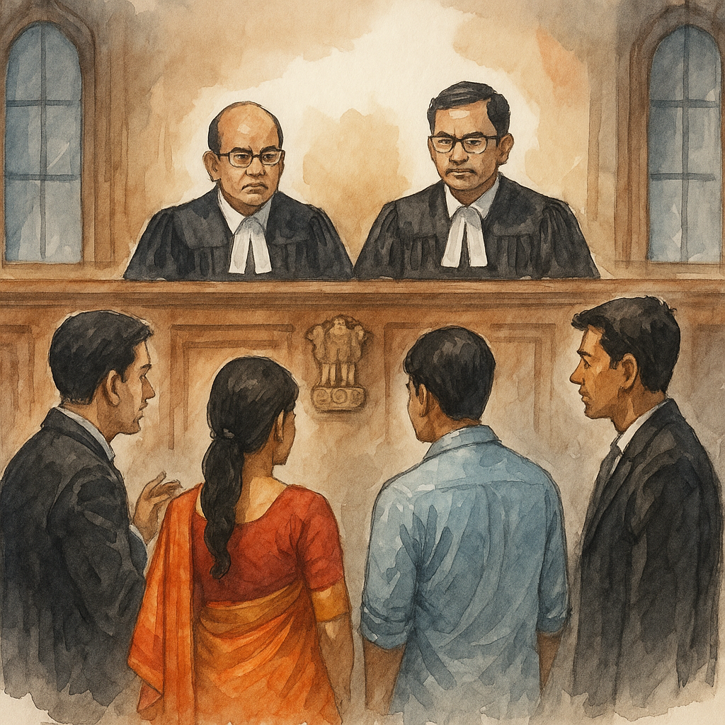 Watercolor courtroom scene with judges hearing husband and wife in a matrimonial dispute before Patna High Court