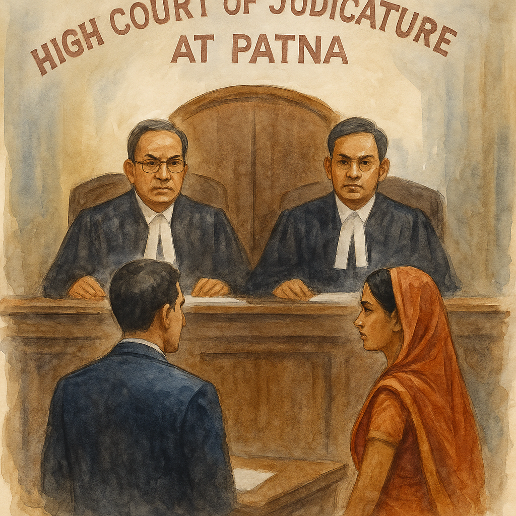 Watercolor scene of contractor and woman before Patna High Court judges in a debarment-related case
