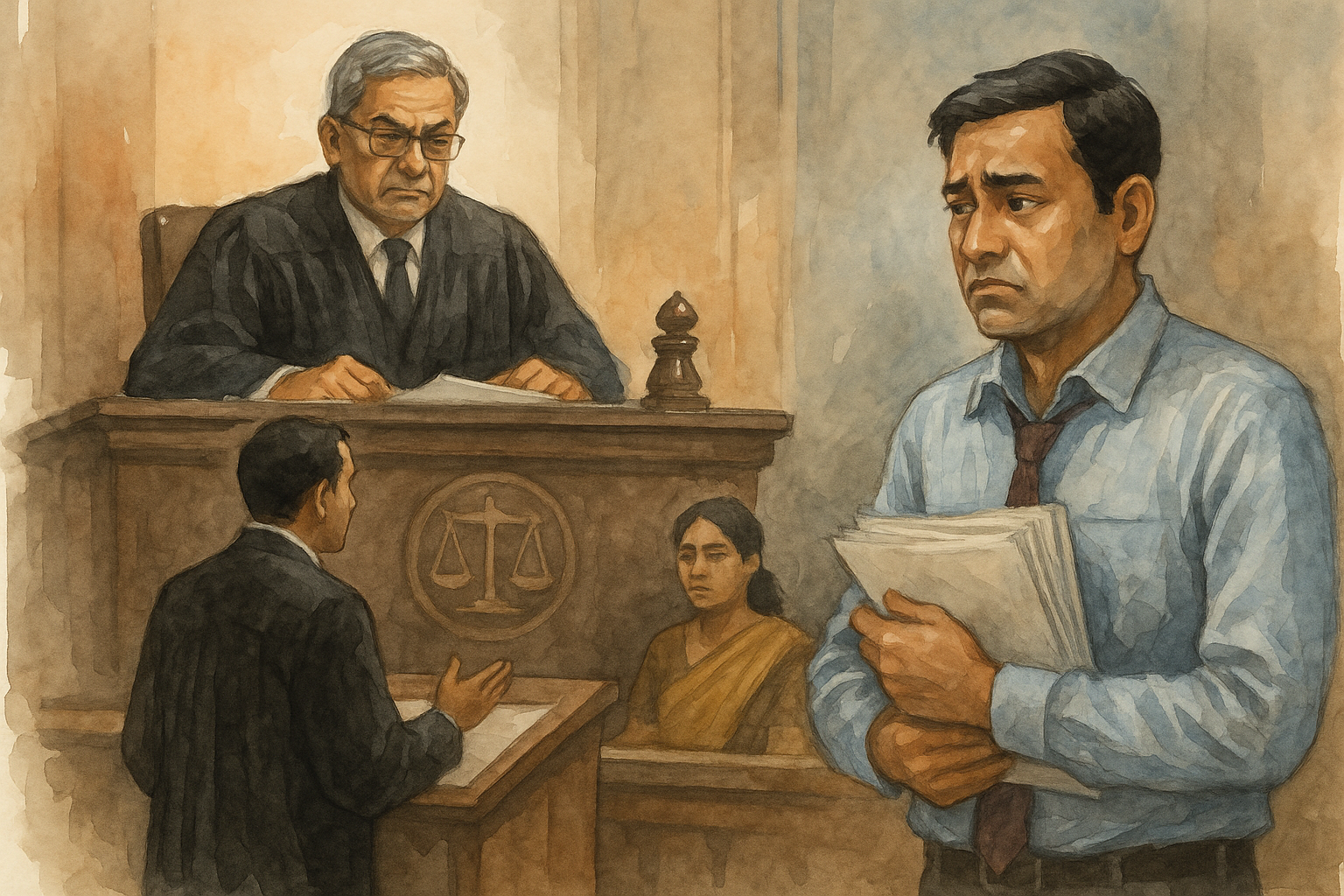 Watercolor courtroom scene of Indian judge hearing a contractor’s bid error dispute in Patna High Court