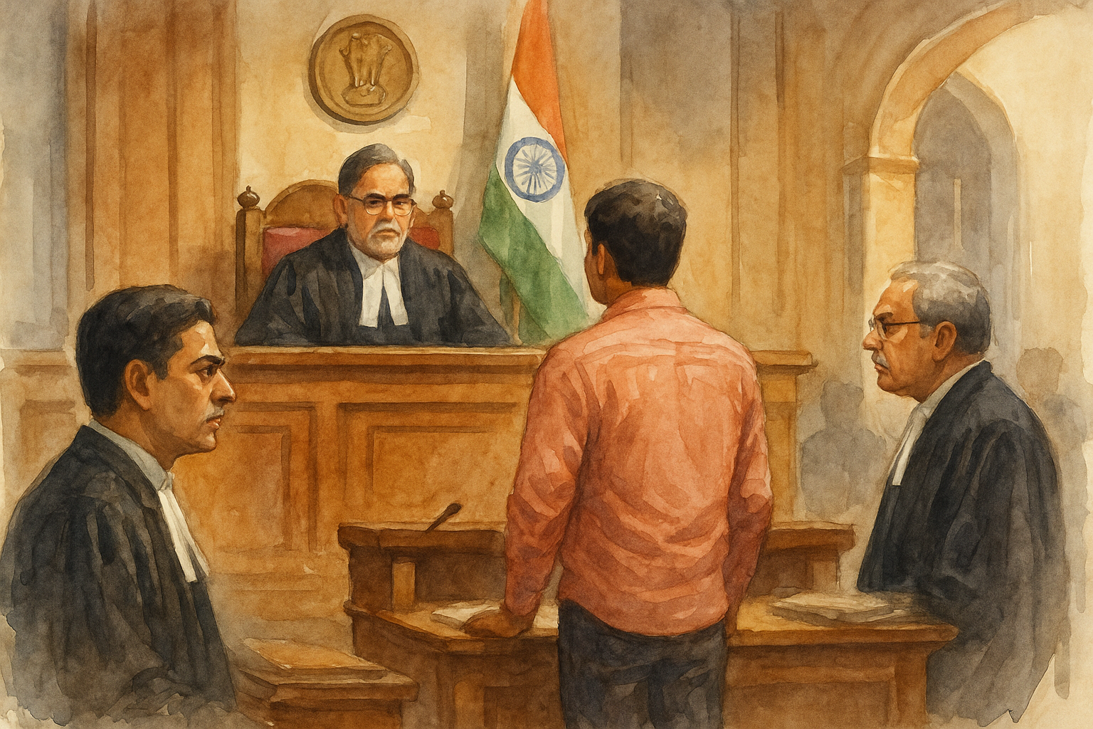 Watercolor courtroom scene showing Patna High Court judge reviewing contractor’s blacklisting dispute