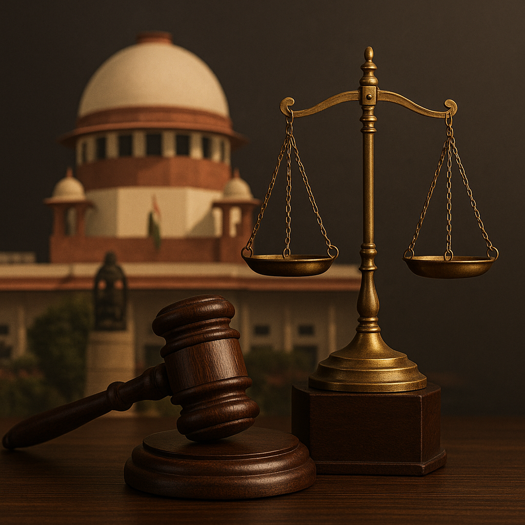 Photograph of gavel, scales of justice, and Supreme Court building symbolizing Patna High Court ruling on contractor blacklisting
