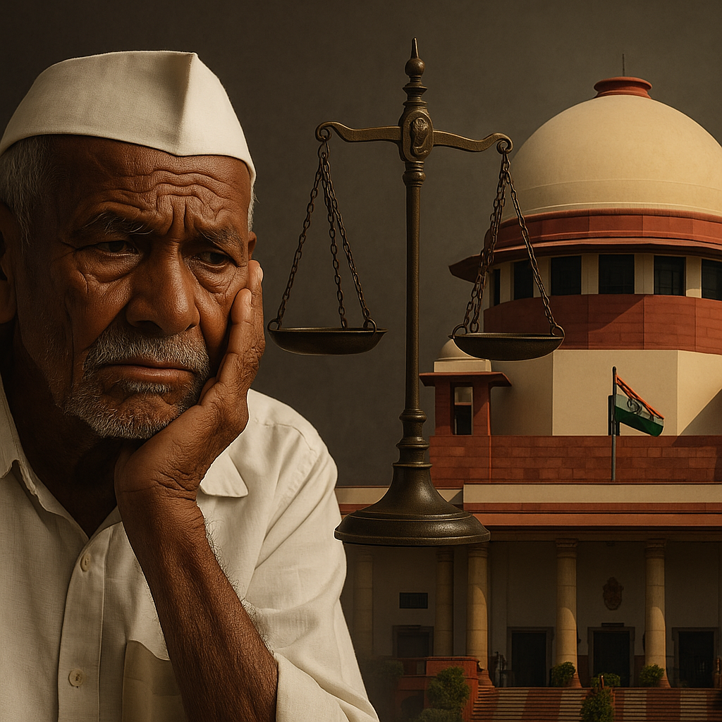 Buzurg bharatiya vyakti, nyay ke tarazu aur Supreme Court bhavan ka chitra jo Patna High Court ke pension faisle ko darshata hai.