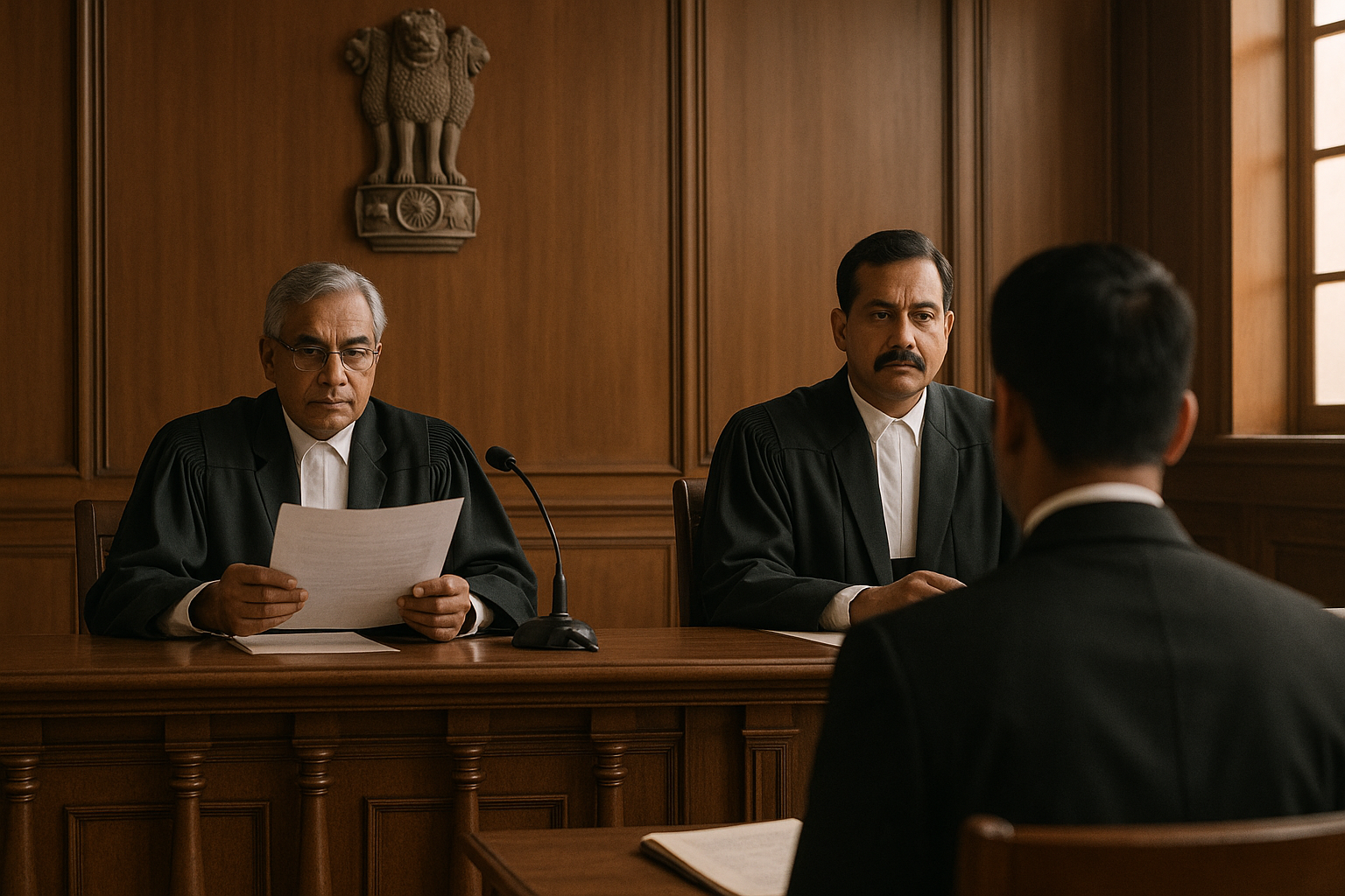 Indian courtroom scene with judges hearing a case on unfair-means allegations in MBBS examination.