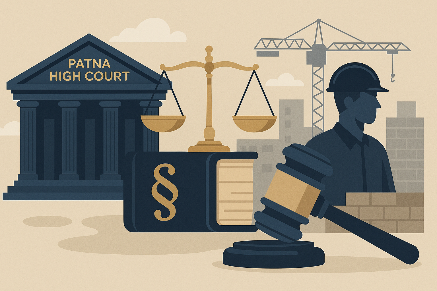 Illustration showing Patna High Court, scales of justice, gavel, and construction site symbolizing contractor debarment review