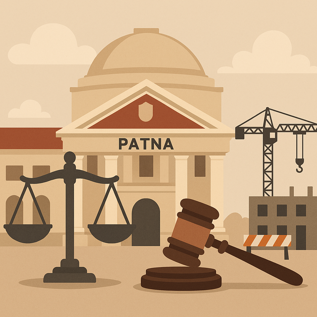 Flat illustration of Patna High Court with scales of justice, gavel, and construction site symbolizing quashing of indefinite blacklisting