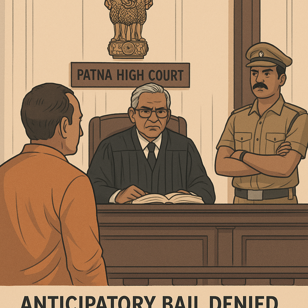 Courtroom illustration of Patna High Court denying bail in the ₹16 crore Srijan Scam case involving a former government official.