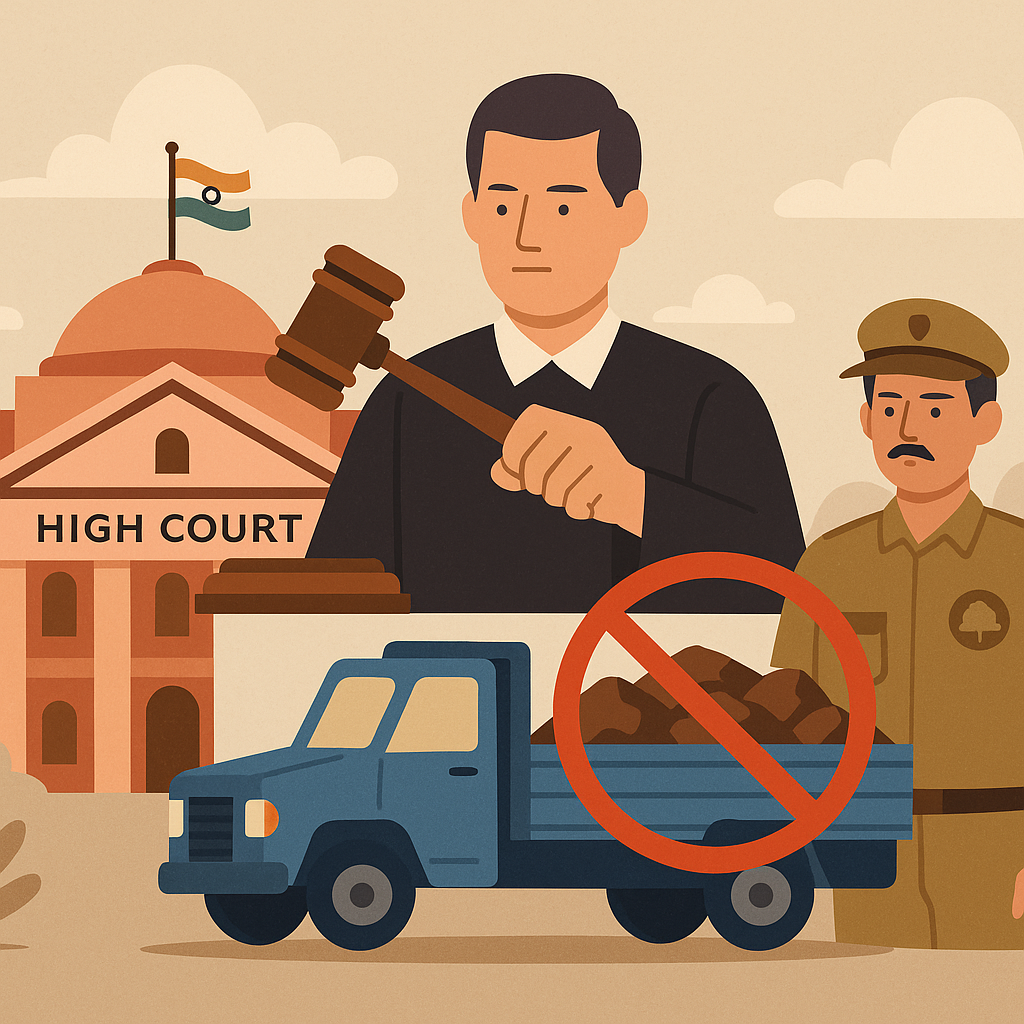 Legal illustration showing Patna High Court ruling on illegal truck seizure in forest mining dispute