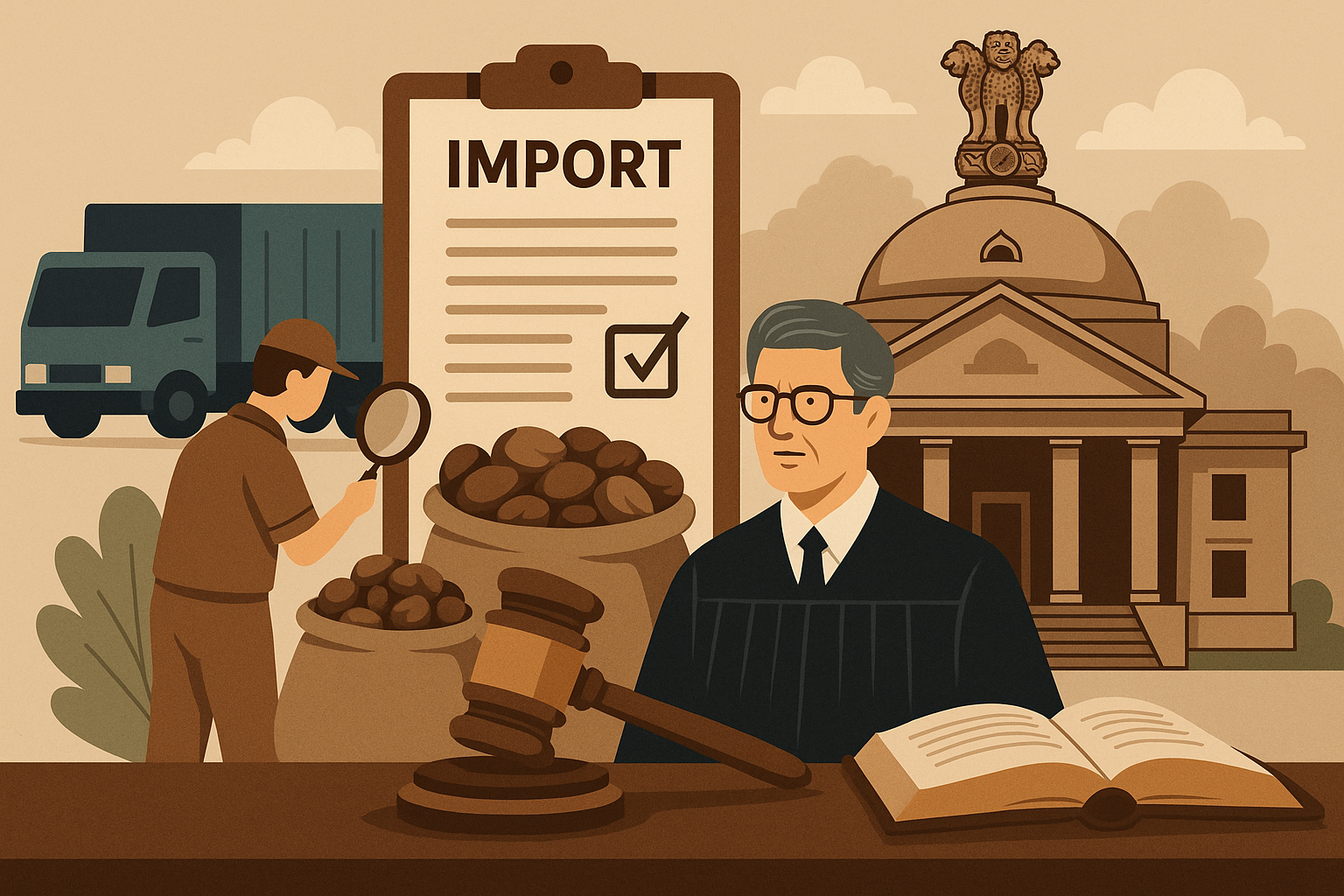 Illustration of customs officer inspecting betel nuts with judge and courthouse symbolizing Patna High Court ruling on arbitrary seizure.
