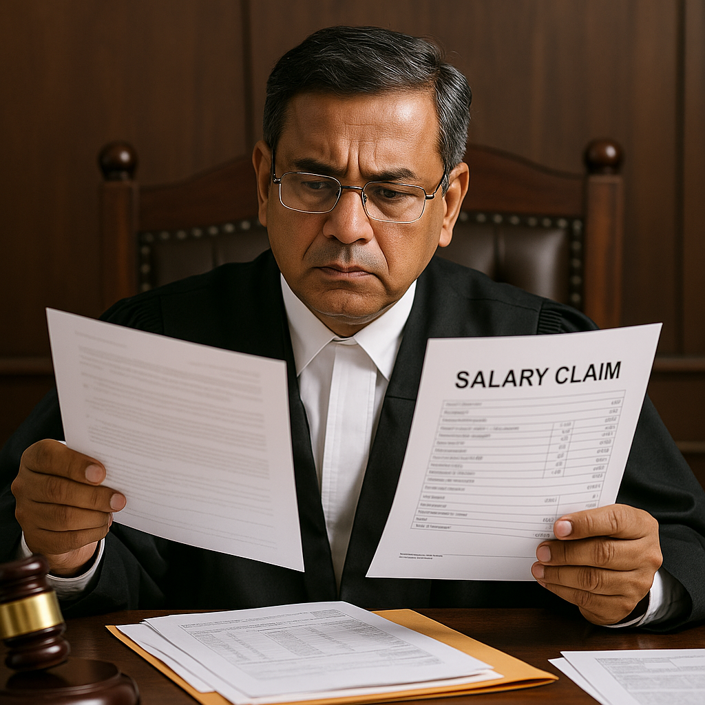 ndian judge deciding on salary claim after criminal acquittal in public bank job case.