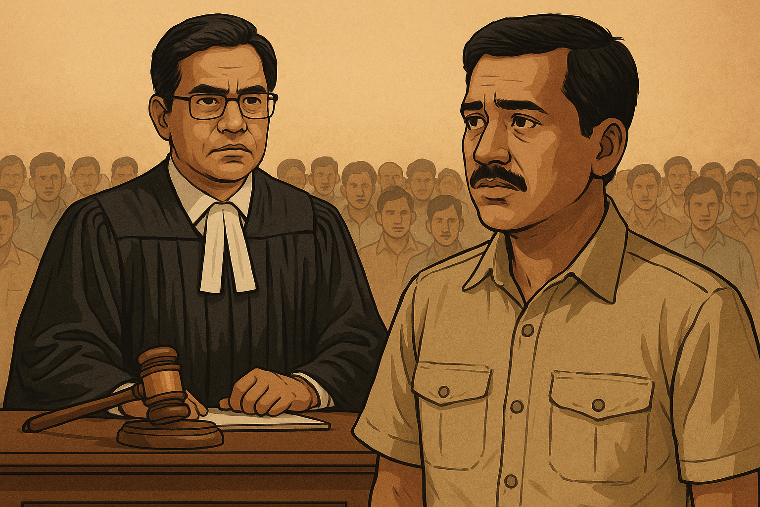 Illustration of Indian judge and teacher in courtroom dispute over senior pay scale eligibility