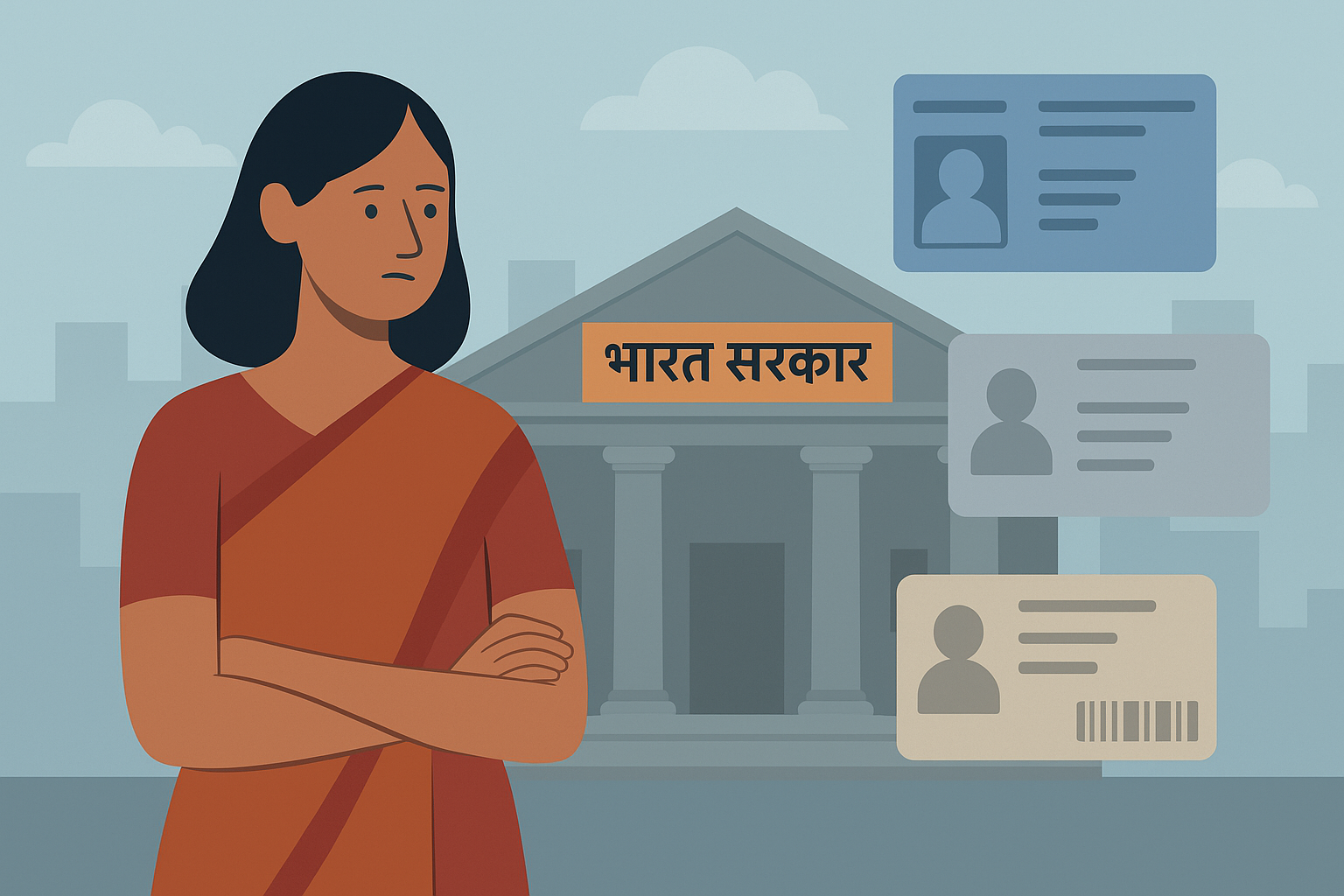 Illustration of a woman in front of an Indian government building with floating ID cards, symbolizing citizenship verification.