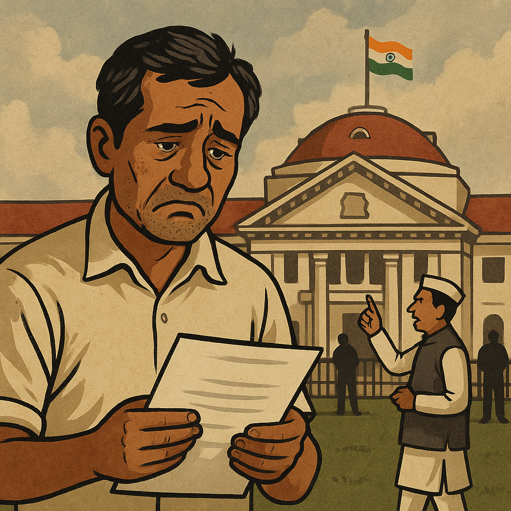 Illustration of a dejected man with documents outside a ration shop, symbolizing unfair removal of a PDS dealer in Bihar.