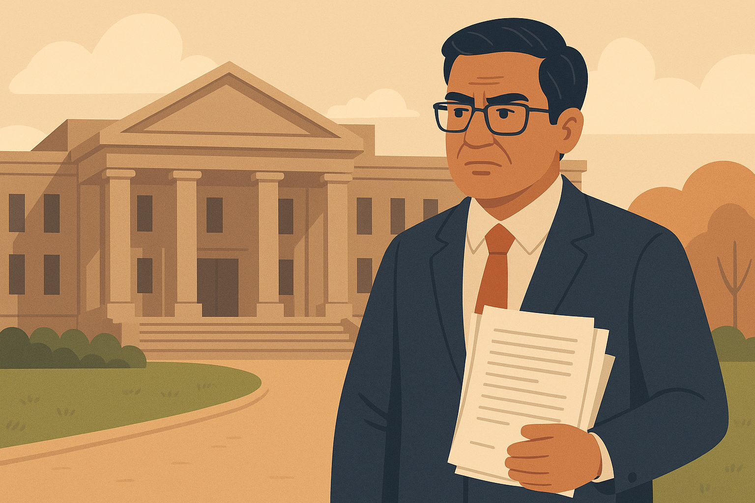 Illustration of a middle-aged contractor reviewing tender documents in front of a government office, representing bid evaluation dispute.