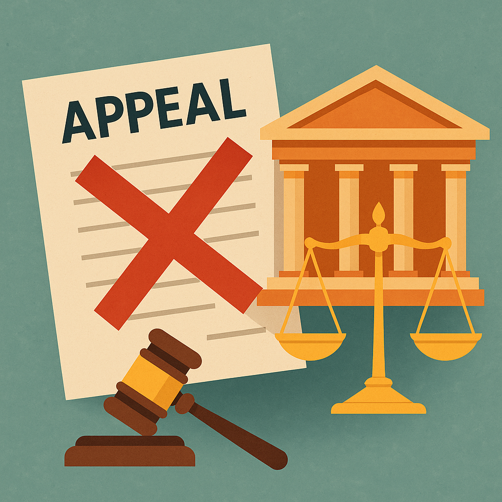 Flat design illustration showing justice balance, government file, and dismissal stamp representing blacklisting appeal case.