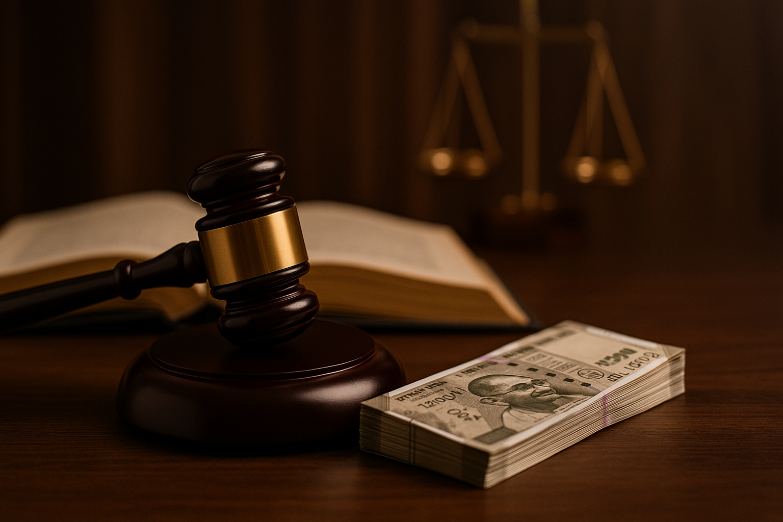Courtroom illustration with Indian rupee notes, gavel, and justice scale related to delayed insurance payment case.