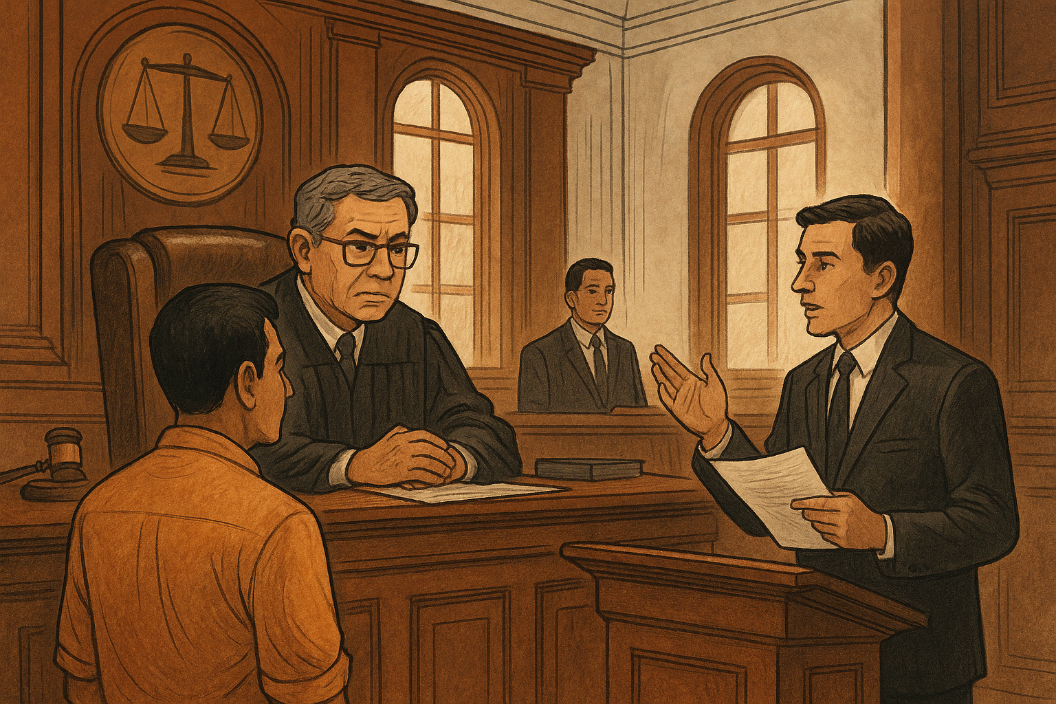 Illustration of courtroom scene where lawyer argues on behalf of wage worker before a judge in Patna High Court.