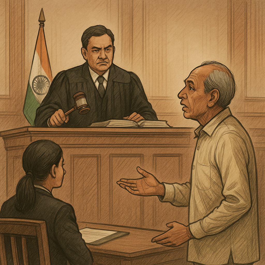 Courtroom illustration of a government officer defending against dismissal without evidence in Patna High Court