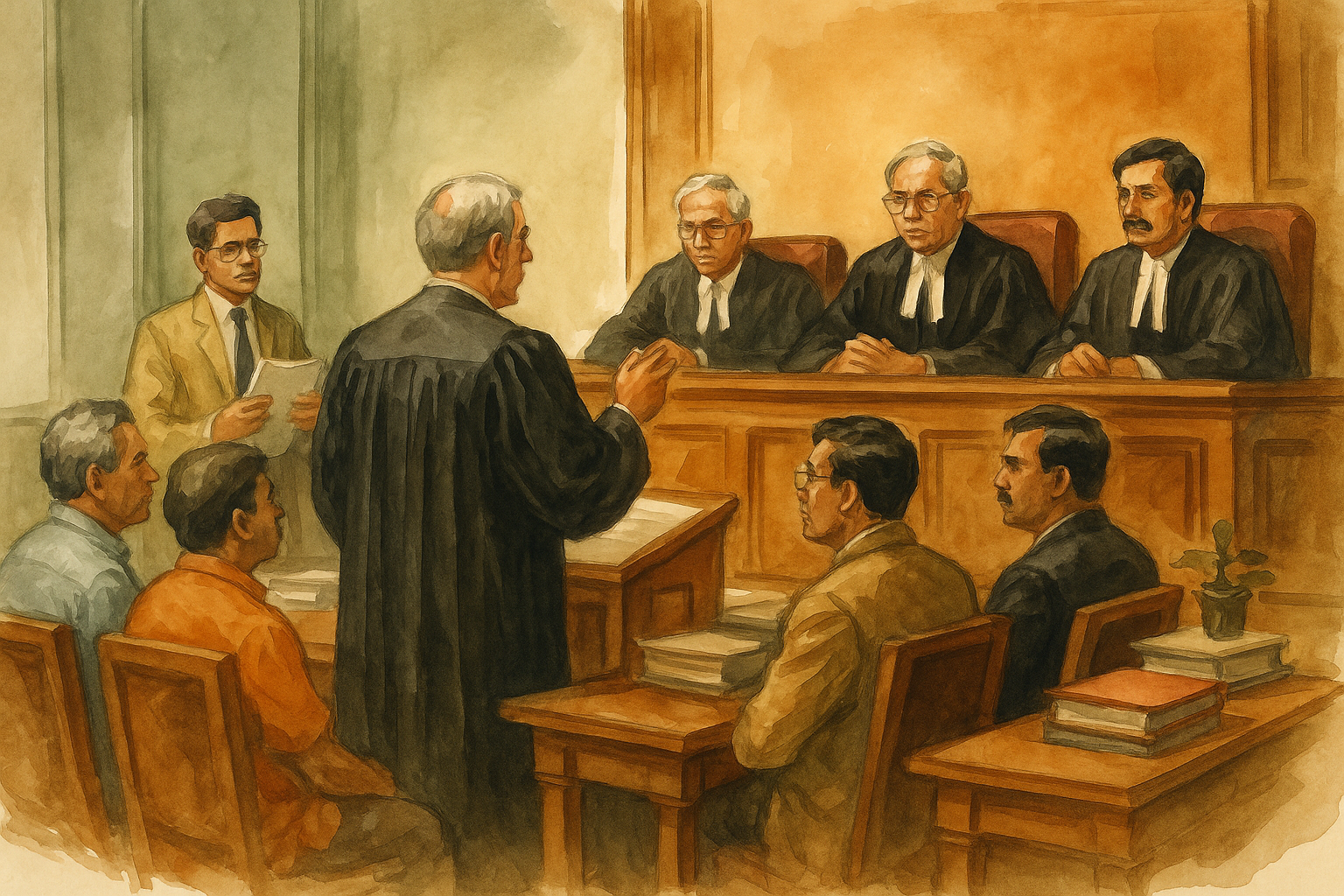 Watercolor courtroom scene showing judges and lawyers during Patna High Court case on Sanskrit Education Board dissolution
