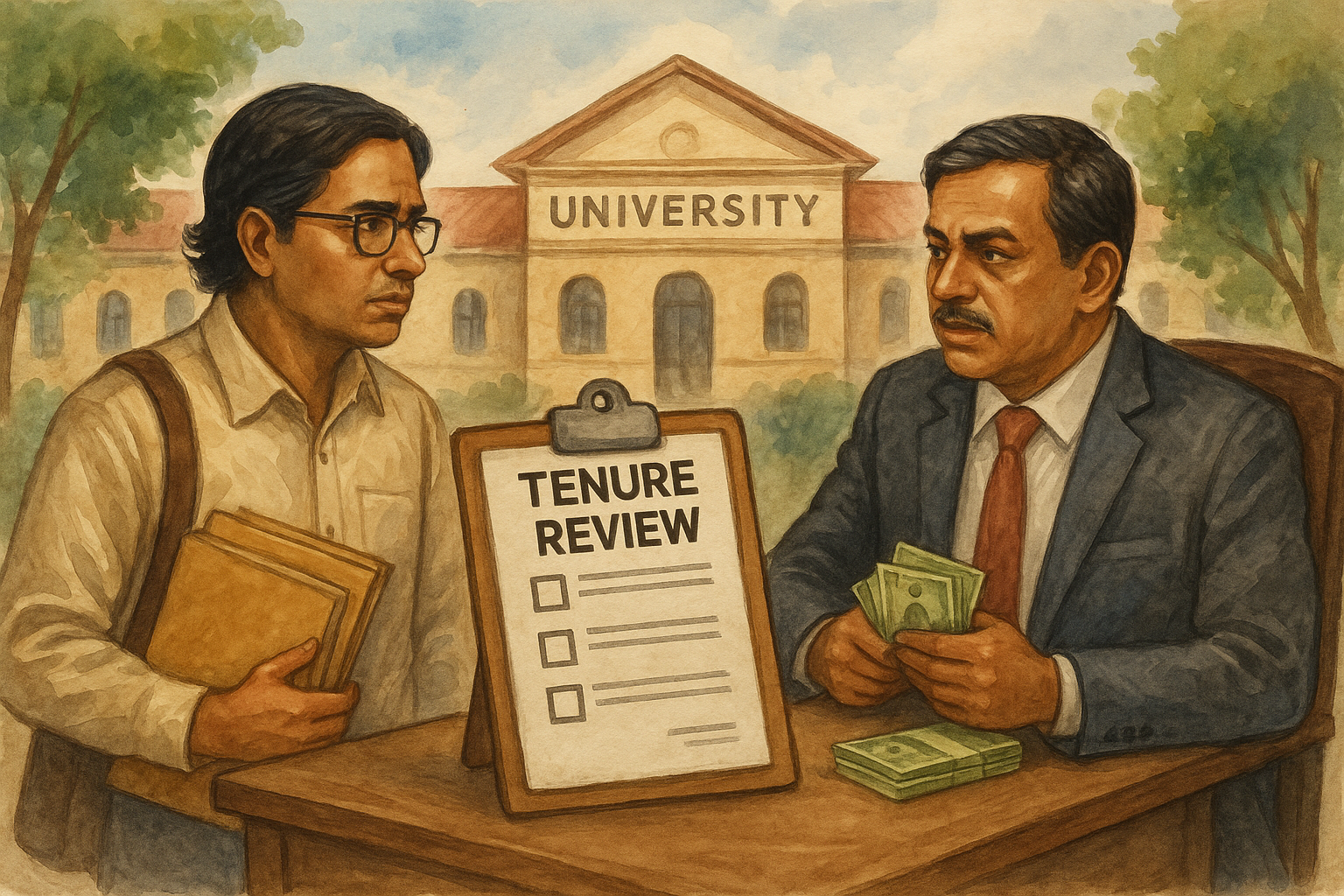 Watercolor illustration showing a professor and administrator discussing tenure review and pending dues outside an Indian university building