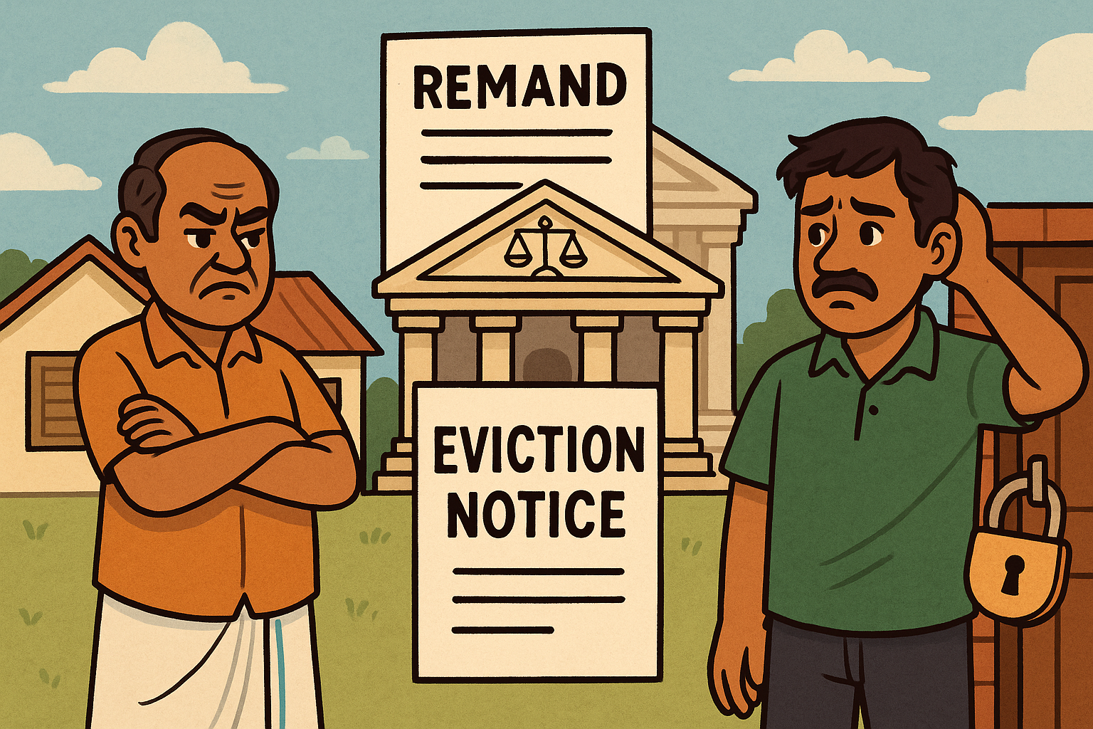 Indian courtroom illustration showing landlord tenant eviction dispute and remand order by Patna High Court