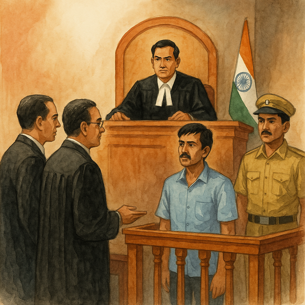 Watercolor courtroom illustration of Patna High Court hearing on reversal of conviction in hurt case
