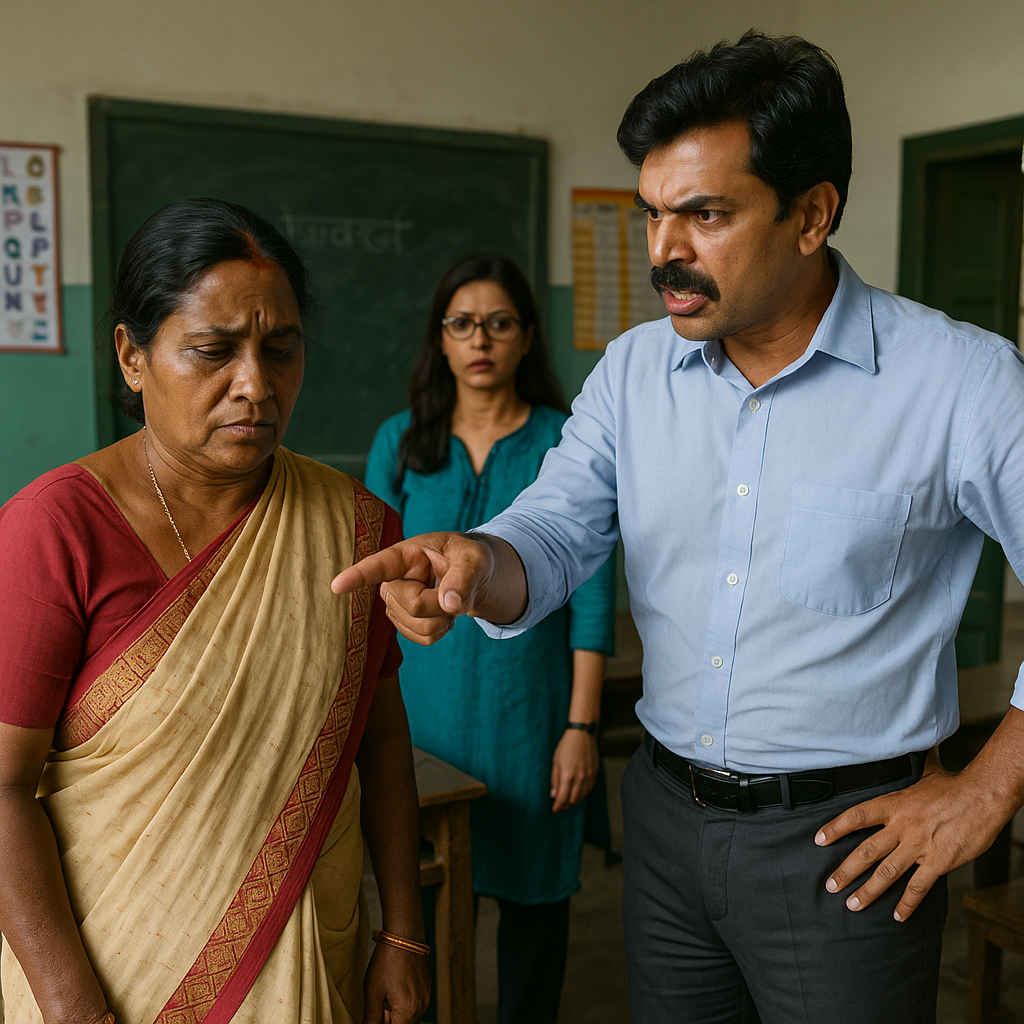 A realistic classroom illustration showing a workplace dispute in Bihar linked to SC/ST Act, reflecting tension and legal conflict.