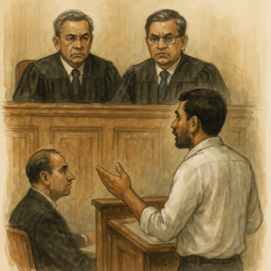 Courtroom sketch of Patna High Court judges hearing case on presenting officer role in departmental inquiry
