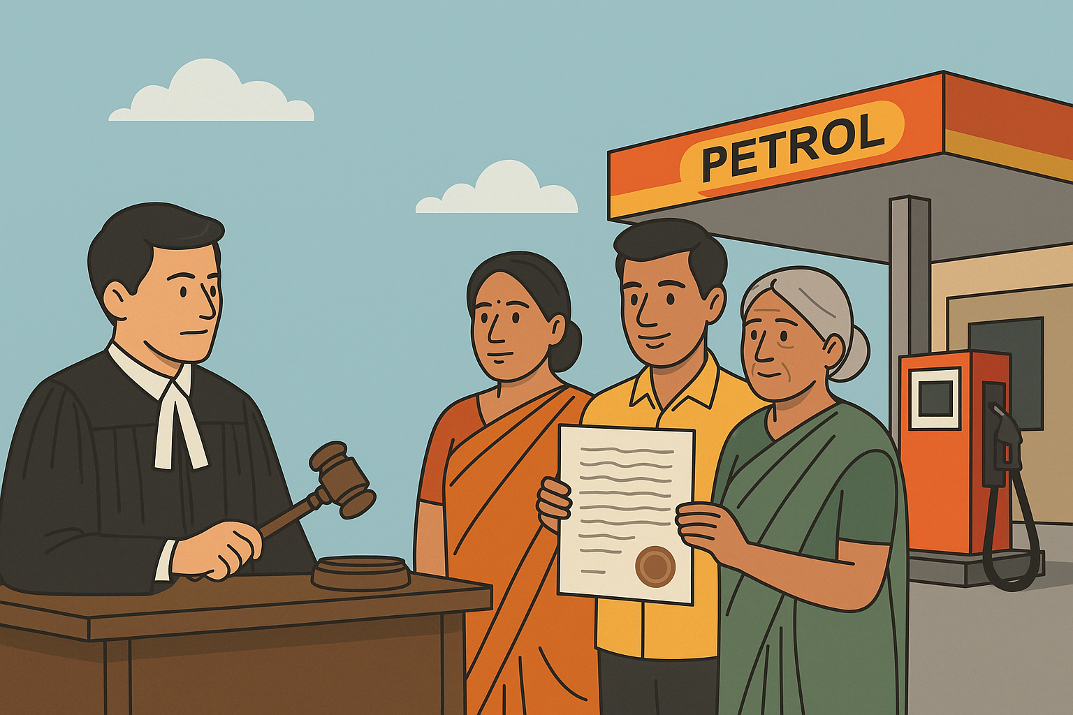 Illustration of Indian family inheriting petrol pump lease rights after Patna High Court judgment on dealership reconstitution