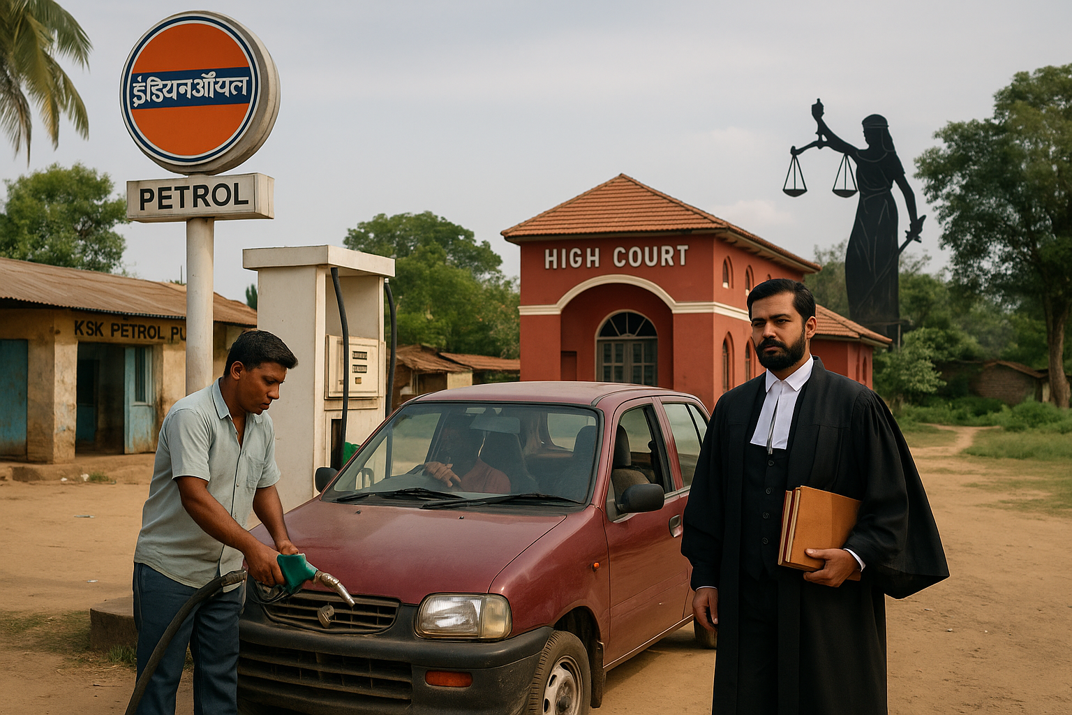 Rural petrol pump in Bihar with lawyer and judge symbol, representing Patna High Court ruling on dealership termination
