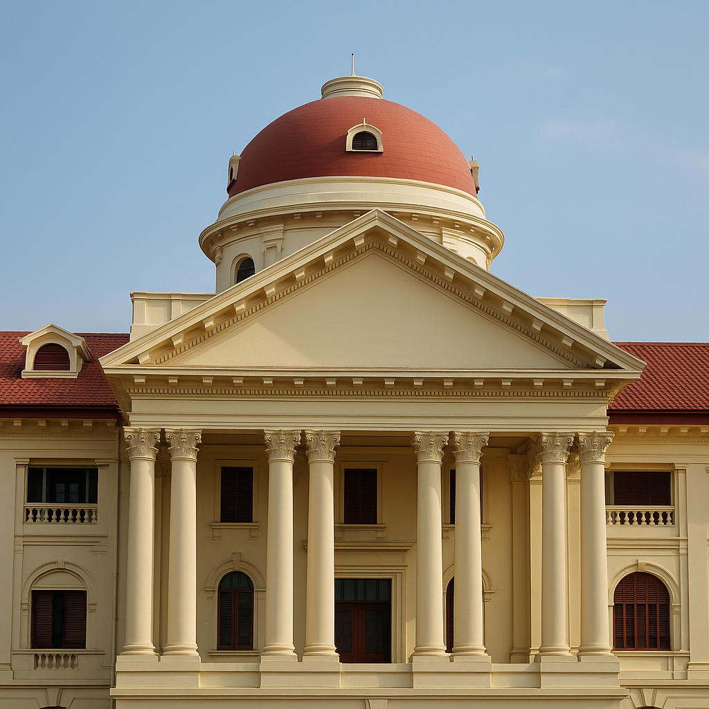 Colonial courtroom facade representing Patna High Court ruling on Class-IV job qualification dispute