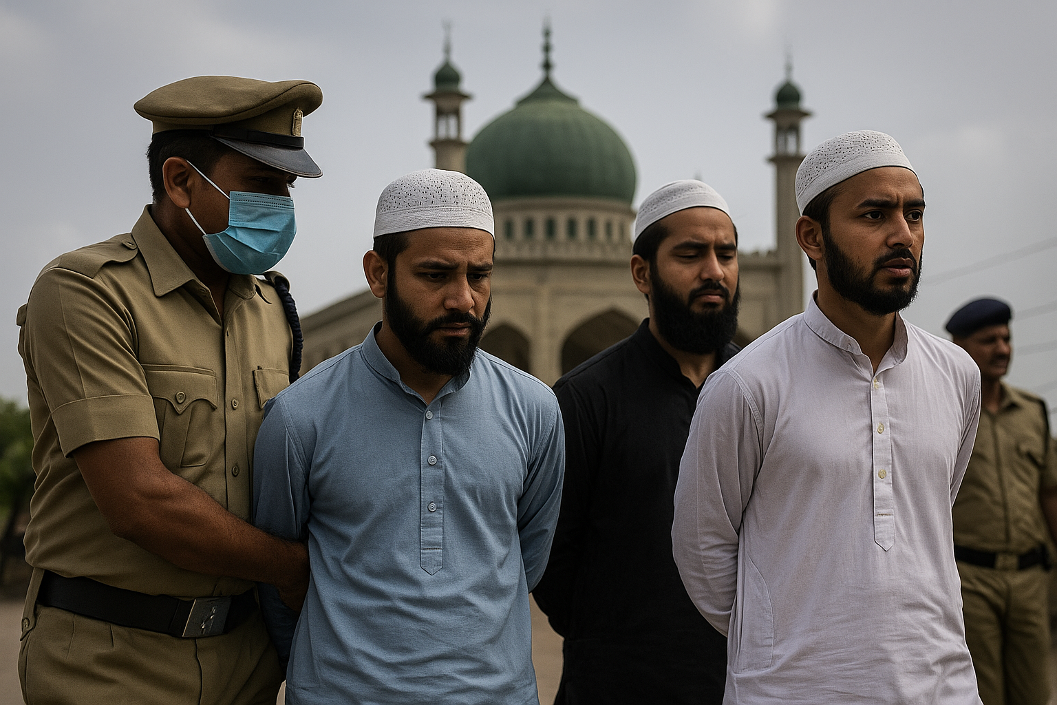 Police detaining foreign nationals outside mosque during COVID lockdown in India, highlighting visa violation case.