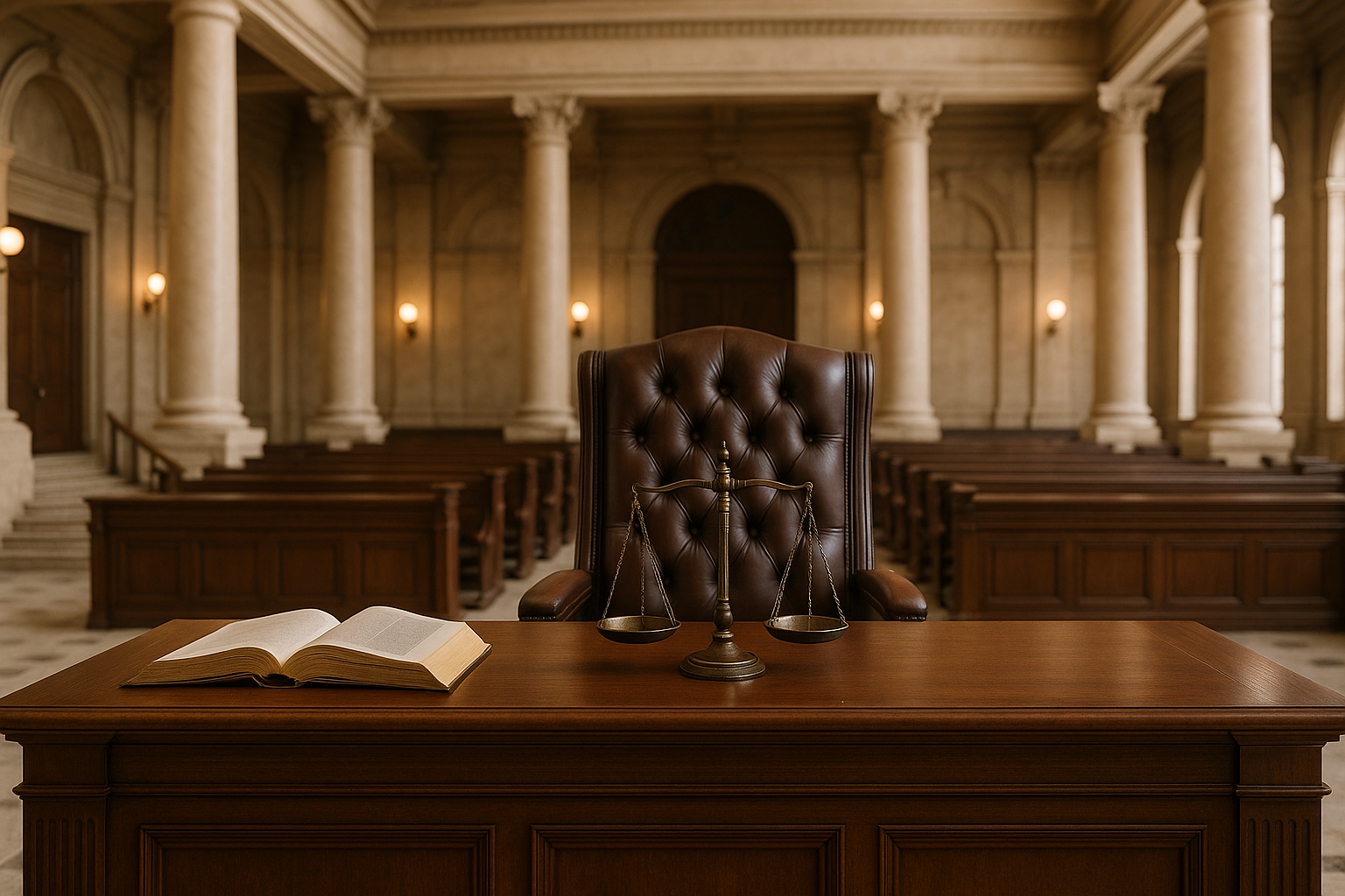 Courtroom illustration depicting conflict between criminal trial and delayed departmental action in India.